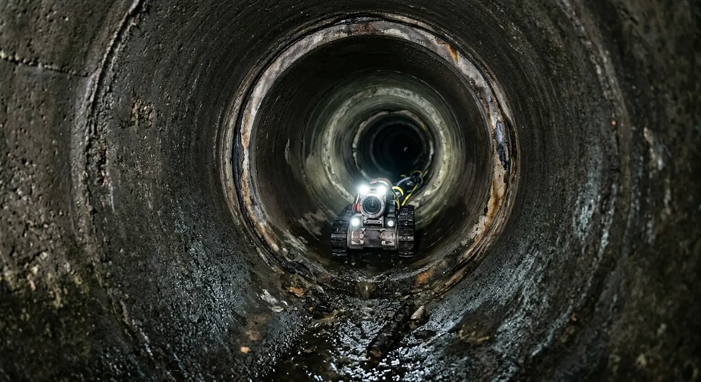 Robotic sewer camera inspecting pipe interior for Sewer Line Cleaning in University