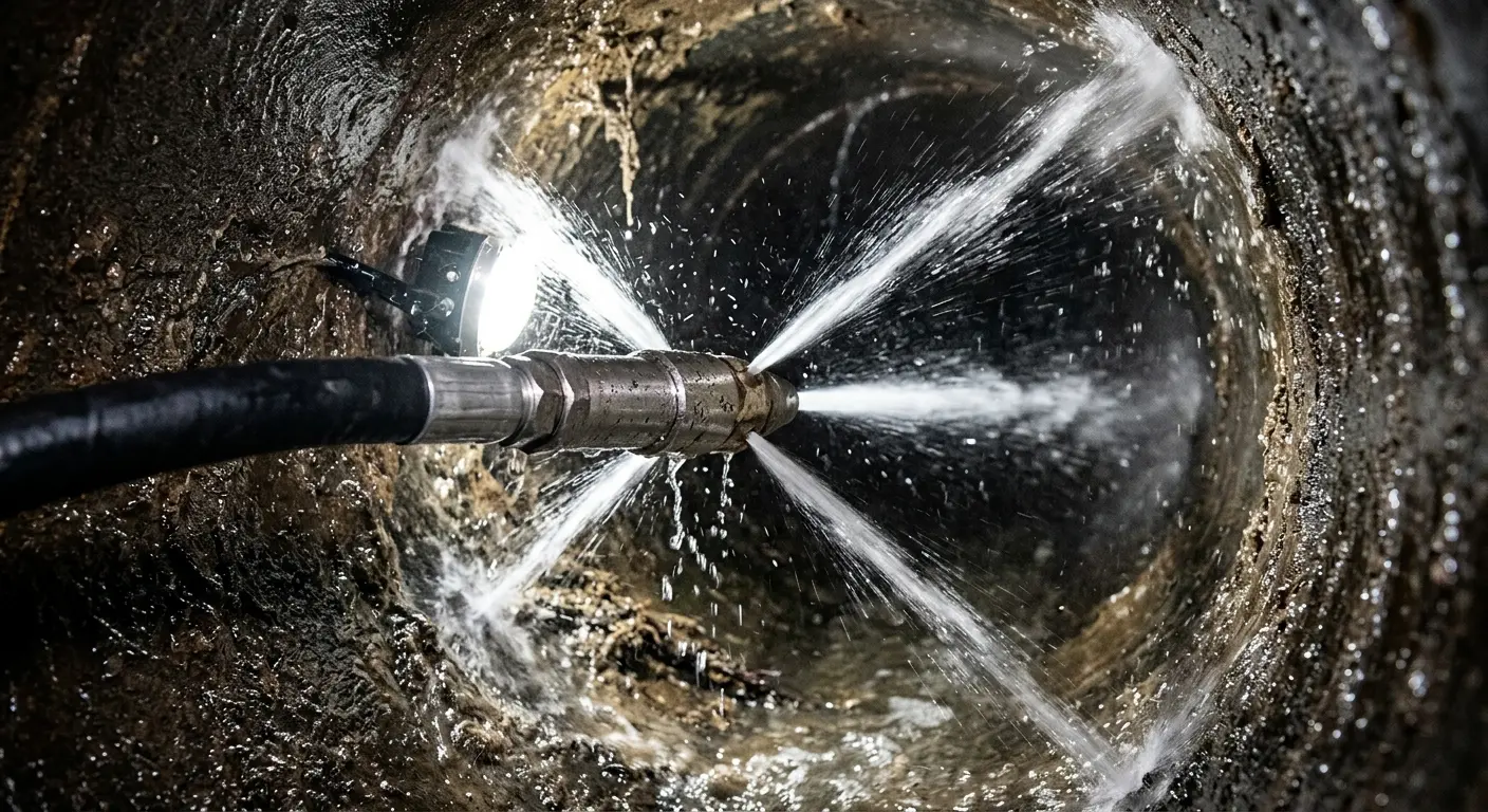 High-pressure hydro jetting nozzle cleaning sewer pipe for Trenchless Sewer Repair in University